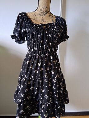 Midi Daisy Print Dress Puff Short Elastic Sleeve Spring Casual